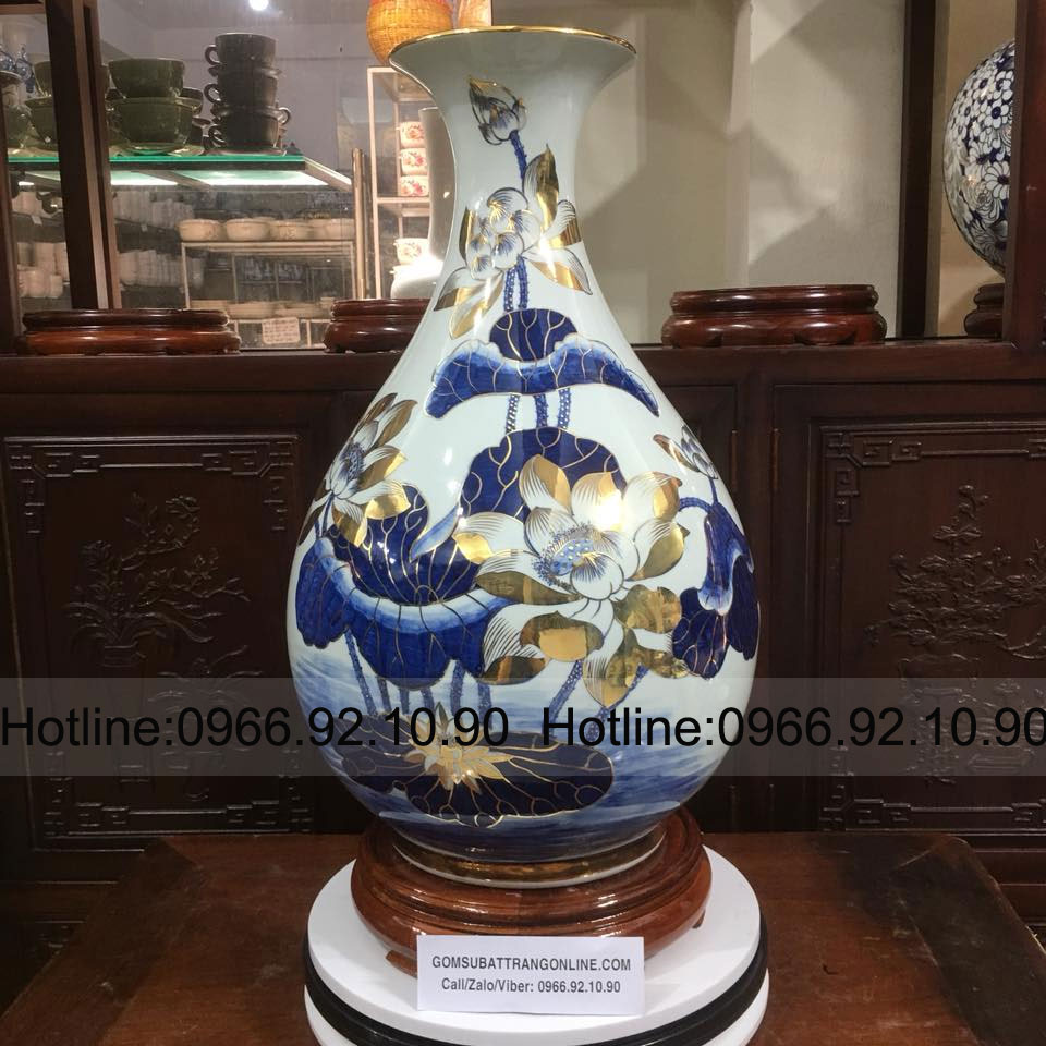 Lọ tỳ bà sen vẽ vàng Bát Tràng cao cấp trang trí đẹp H55cm
