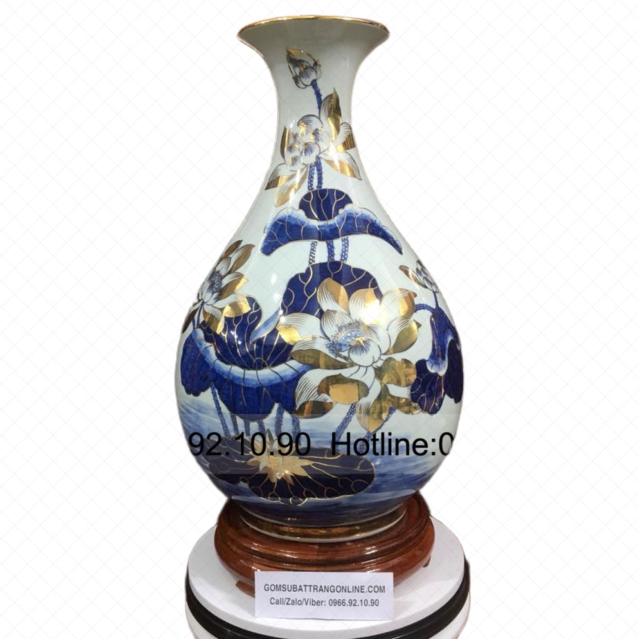 Lọ tỳ bà sen vẽ vàng Bát Tràng cao cấp trang trí đẹp H55cm 