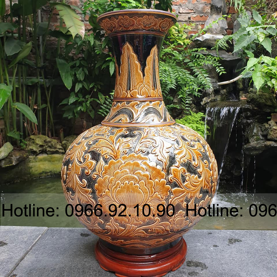 Lọ tỏi hoa phù dung men hoàng thổ cao cấp trang trí nhà đẹp