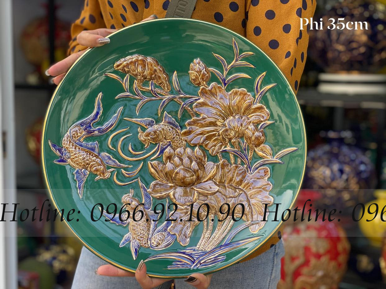 Đĩa trưng bày SEN CÁ vàng 35cm trang trí phòng độc đáo hấp dẫn