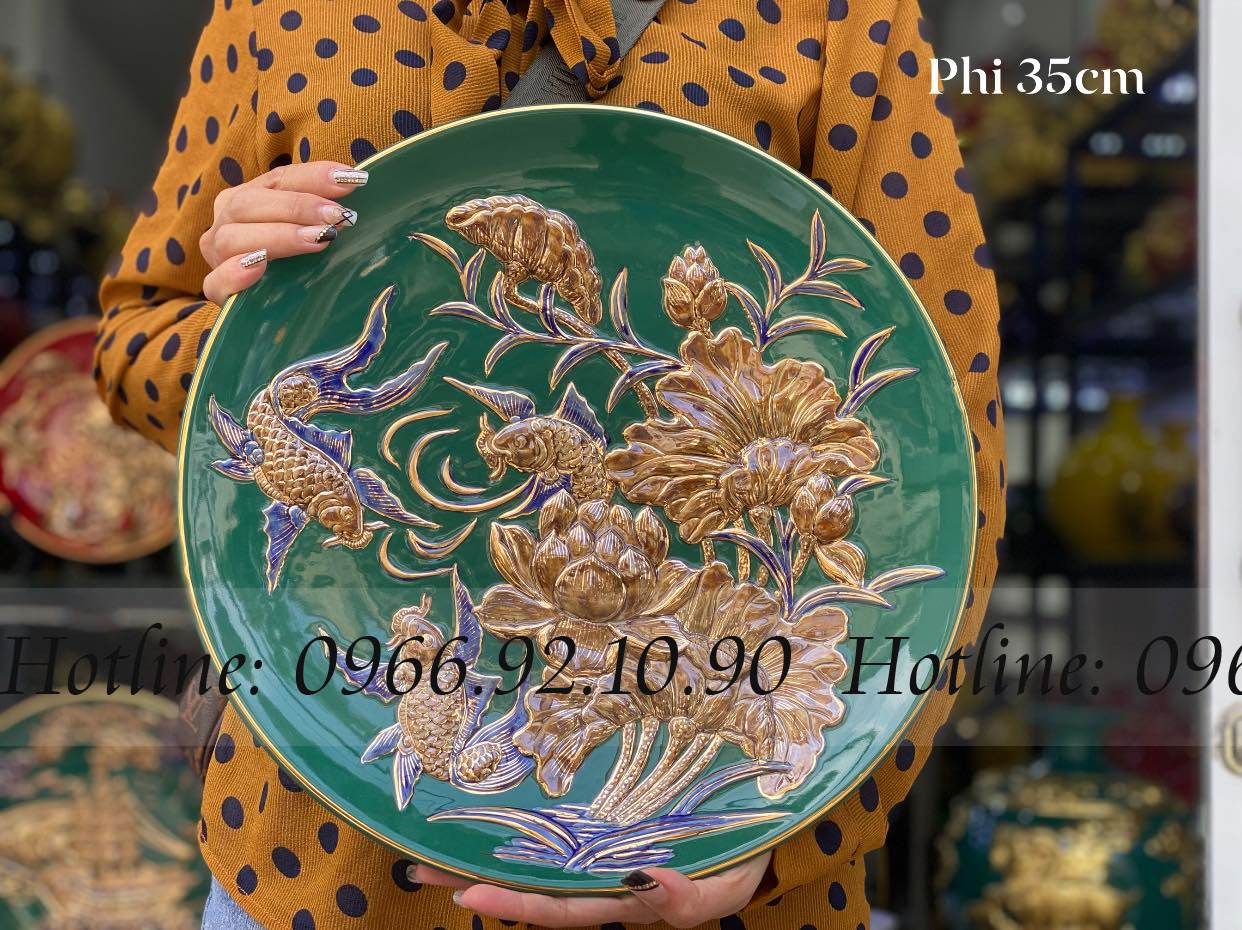 Đĩa trưng bày SEN CÁ vàng 35cm trang trí phòng độc đáo hấp dẫn