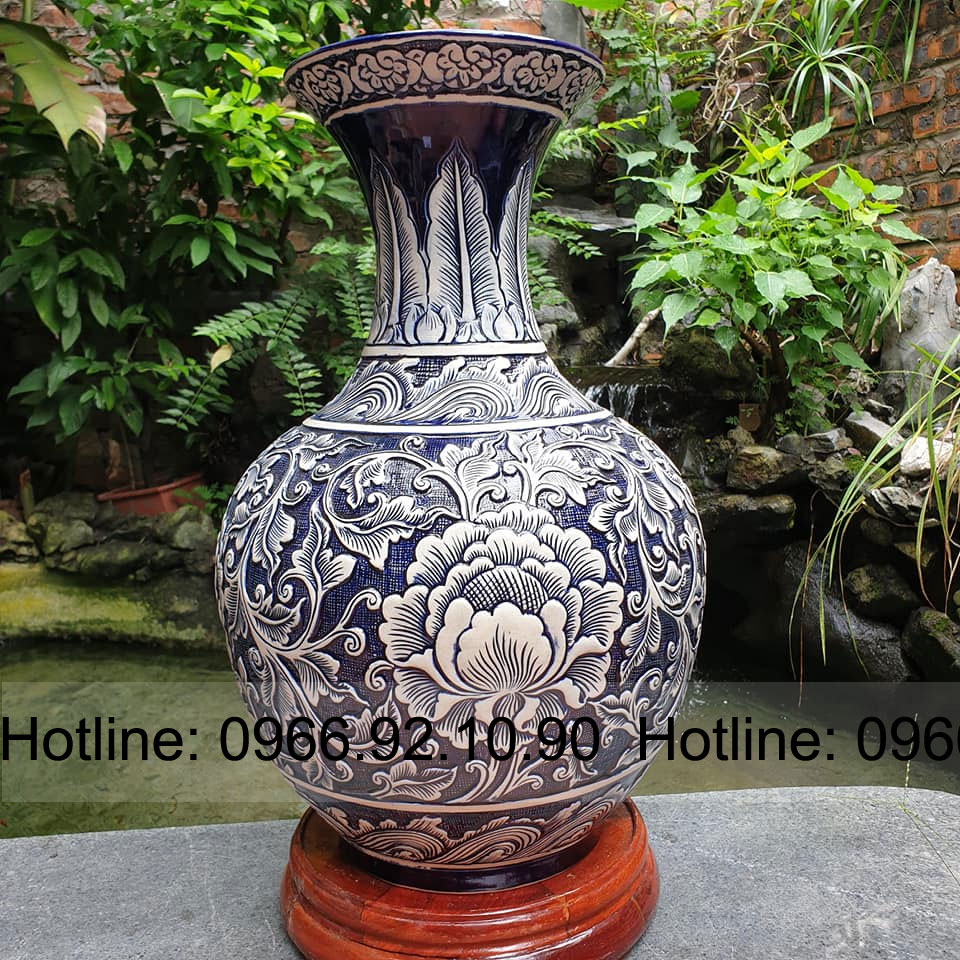 Lọ tỏi khắc tay hoa phù dung Bát Tràng đẹp độc đáo sale hấp dẫn