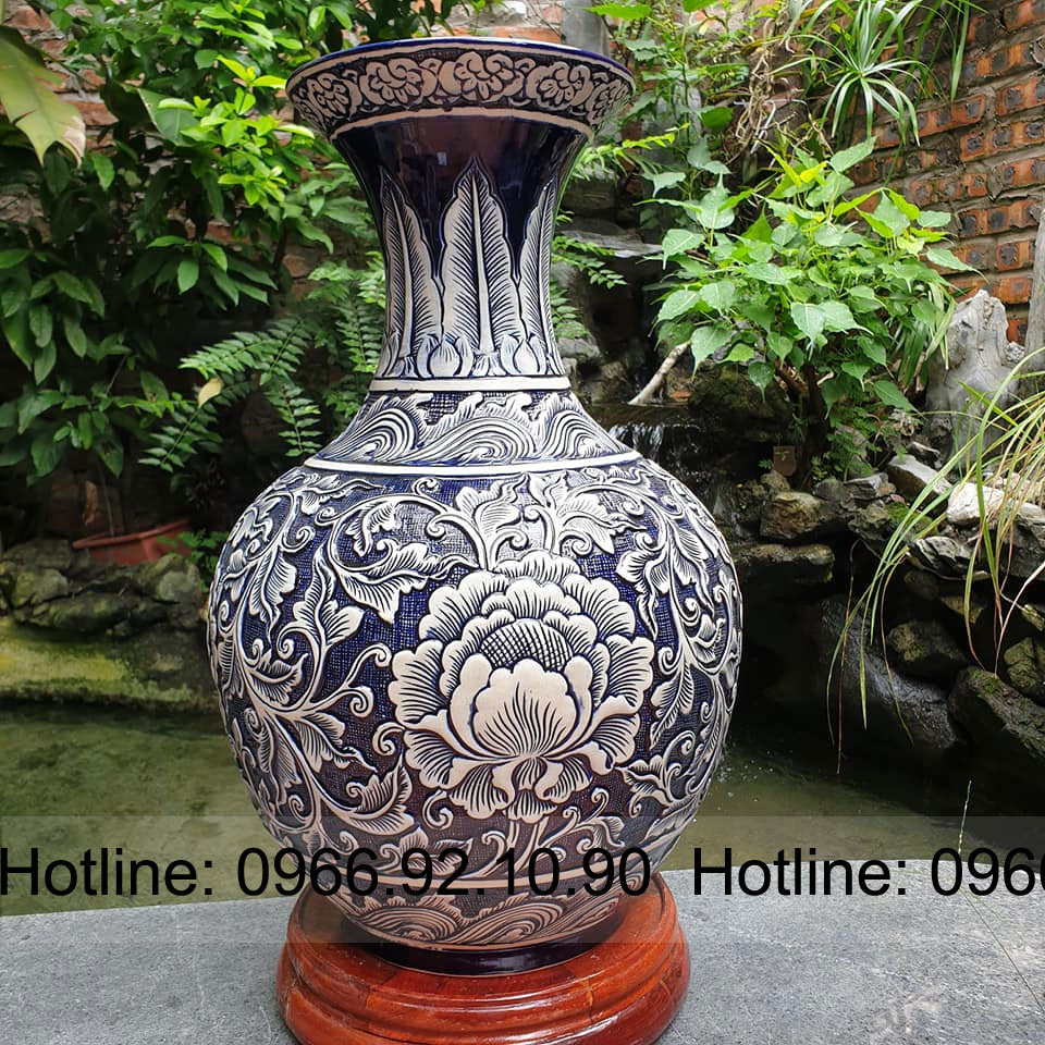 Lọ tỏi khắc tay hoa phù dung Bát Tràng đẹp độc đáo sale hấp dẫn