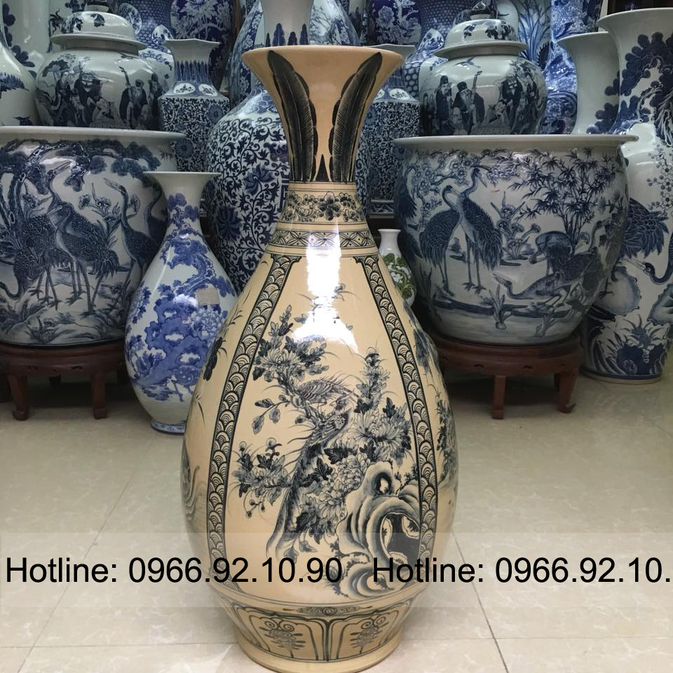 Lọ tỳ bà tứ quý men rạn vàng cao cấp Gốm sứ Bát Tràng 75cm 