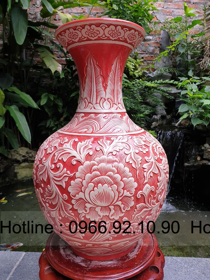 Gốm sứ Bát Tràng lọ tỏi lùn hoa phù dung đỏ khắc tay đẹp