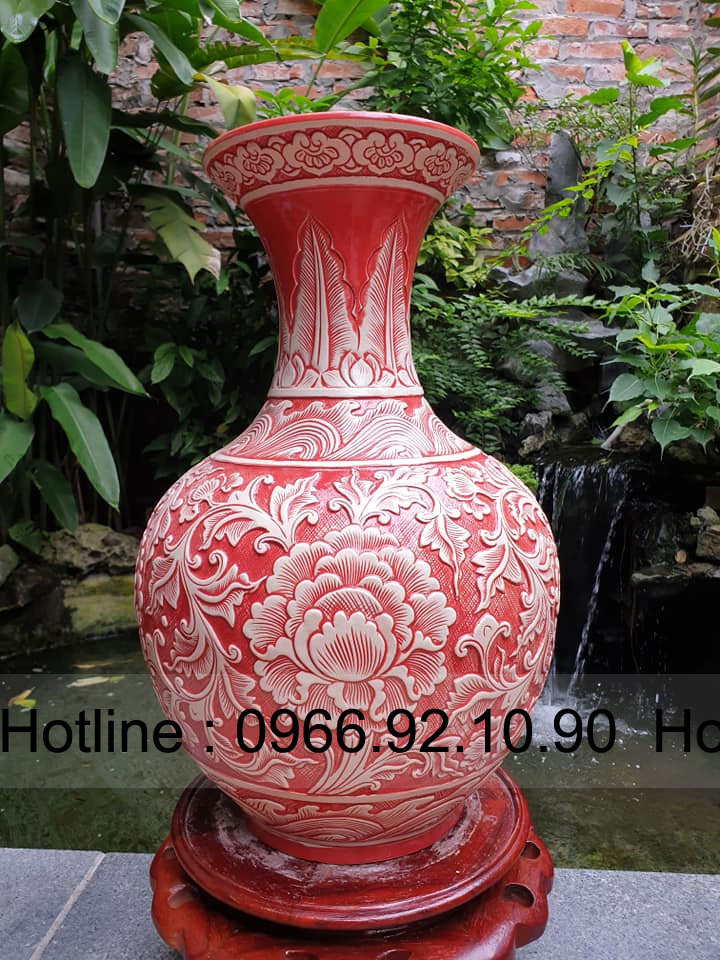 Gốm sứ Bát Tràng lọ tỏi lùn hoa phù dung đỏ khắc tay đẹp 