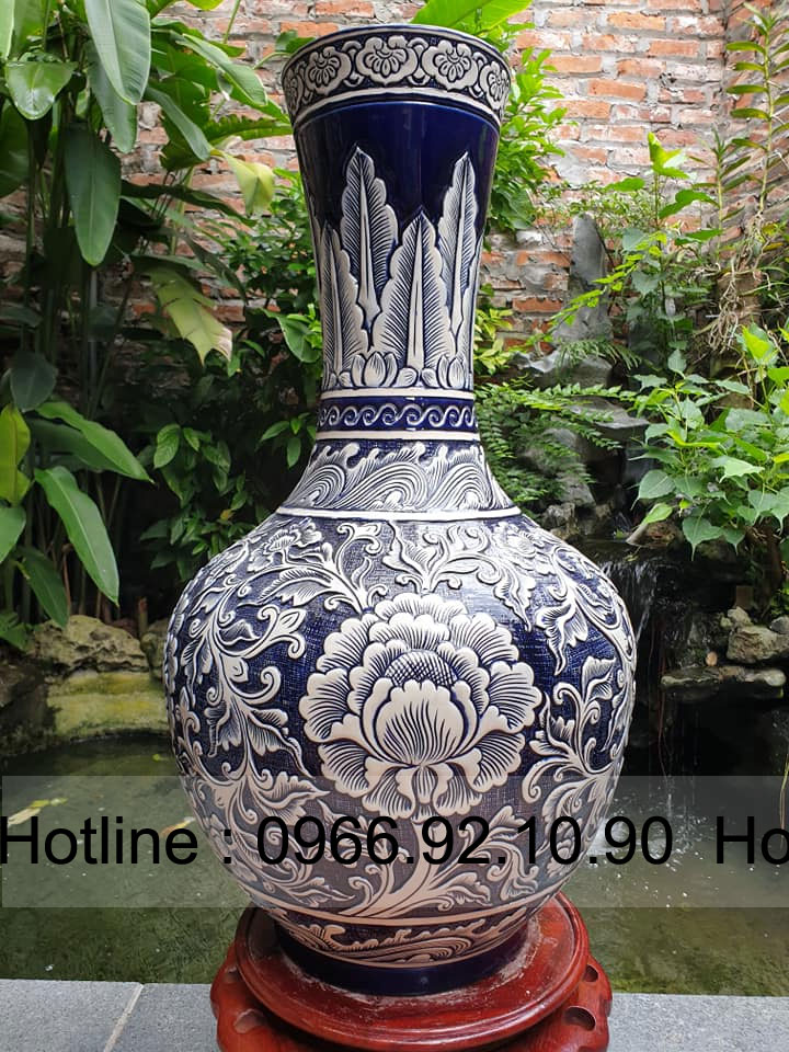 Lọ tỏi gốm Bát Tràng khắc tay hoa phù dung màu tràm đẹp