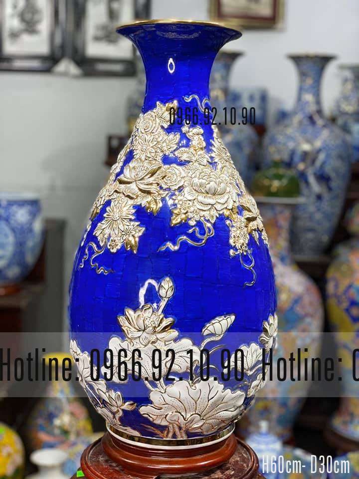 Tỳ bà gốm sứ Bát Tràng đắp nổi hoa vàng kim nền xanh sang trọng quà tặng