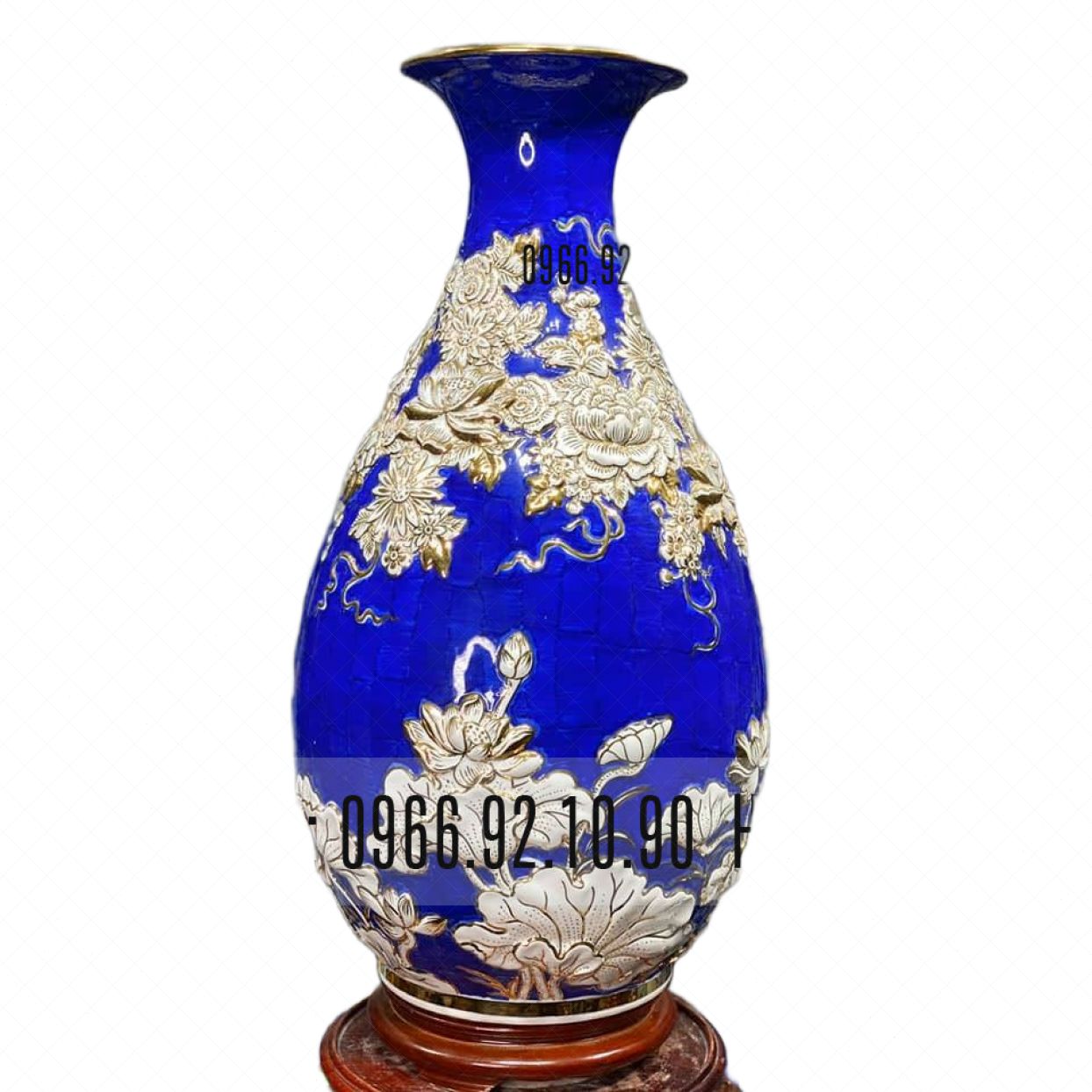 Tỳ bà gốm sứ Bát Tràng đắp nổi hoa vàng kim nền xanh sang trọng quà tặng 