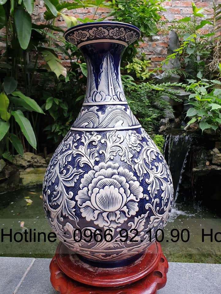 Tỳ bà lùn khắc tay hoa phù dung màu tràm Bát Tràng cao cấp 