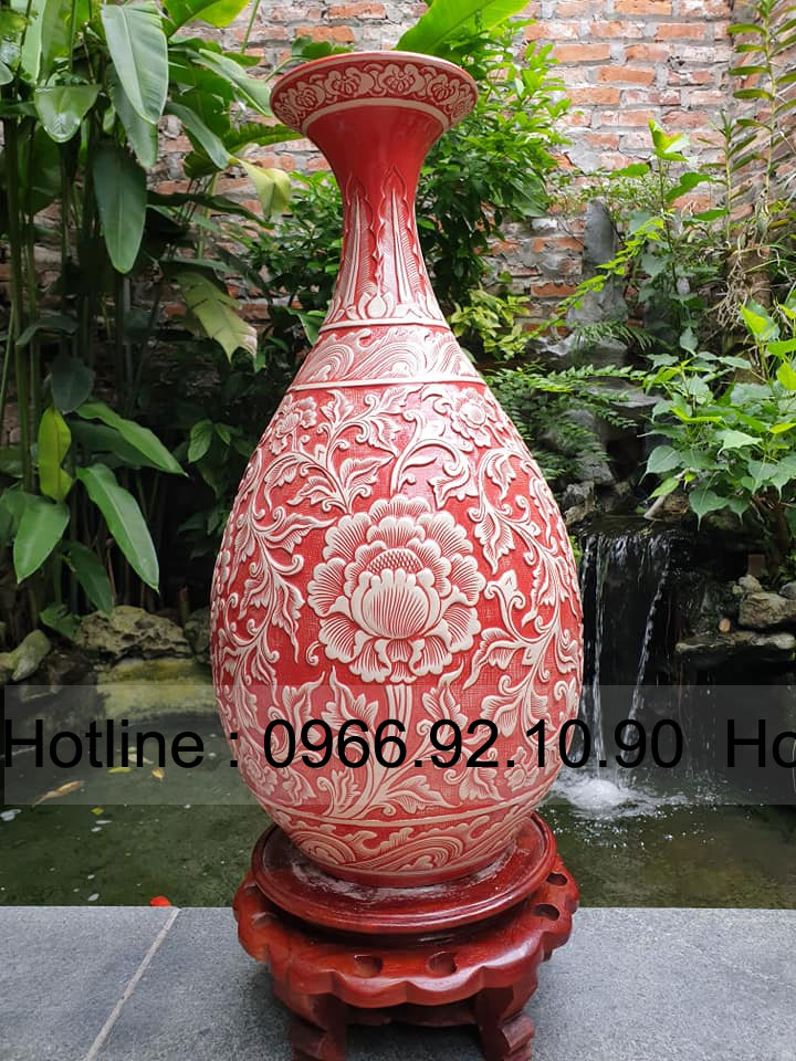 Tỳ bà Bát Tràng đỏ khắc tay hoa phù dung độc đáo, mua ngay