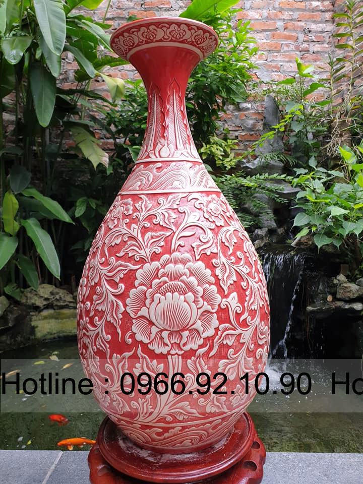 Tỳ bà Bát Tràng đỏ khắc tay hoa phù dung độc đáo, mua ngay
