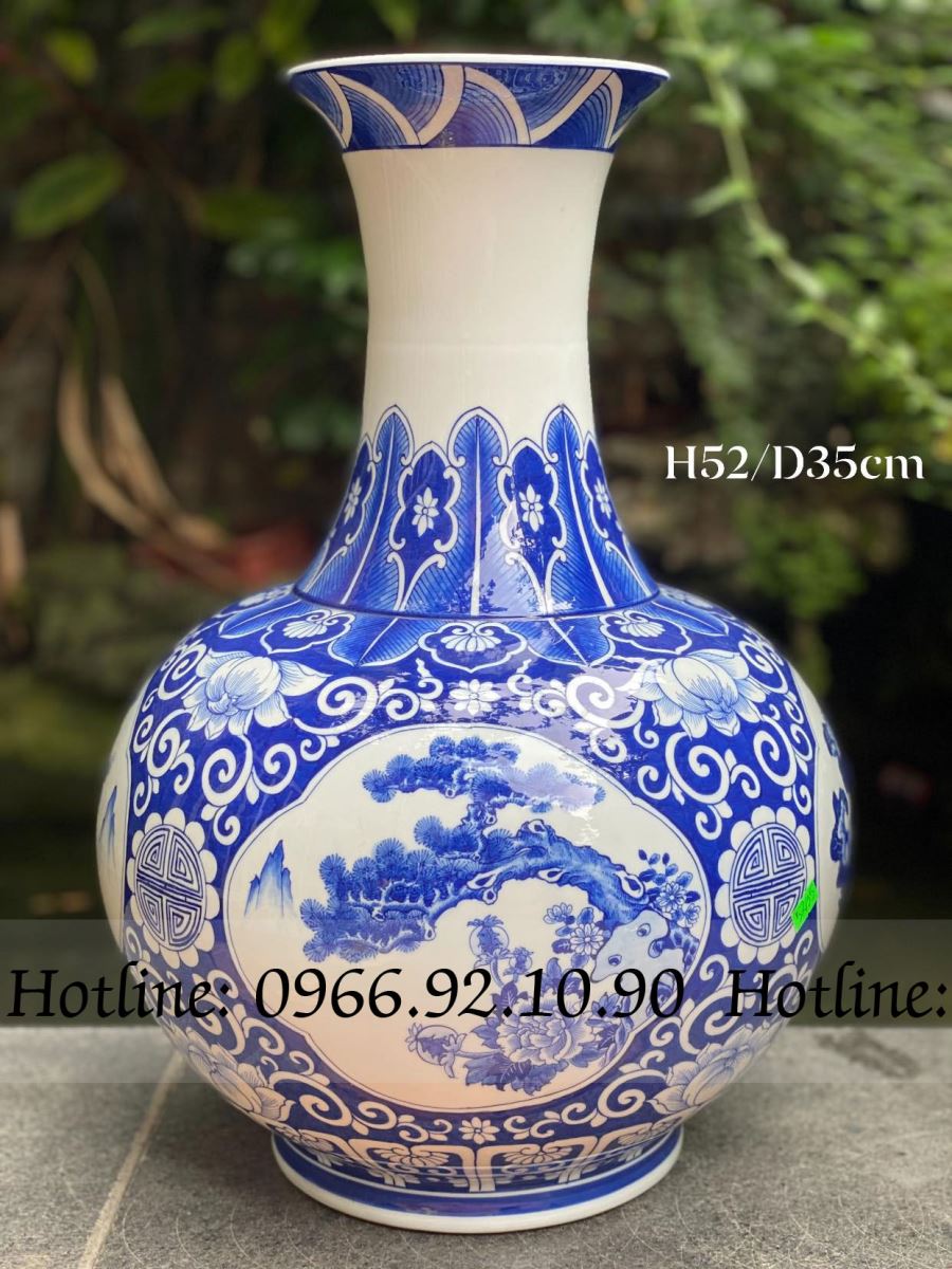 Lọ tỏi tứ cảnh men lam cổ Bát Tràng cao 52cm chính hãng