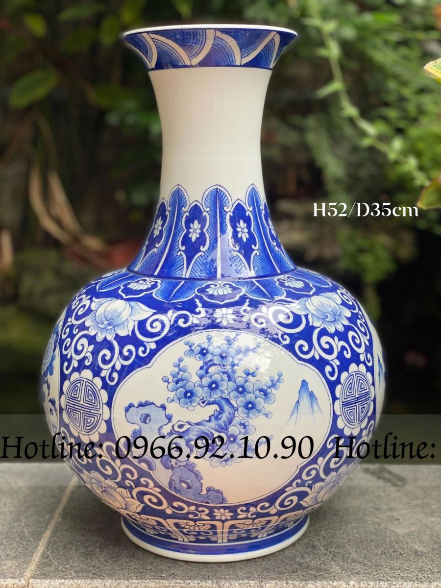 Lọ tỏi tứ cảnh men lam cổ Bát Tràng cao 52cm chính hãng