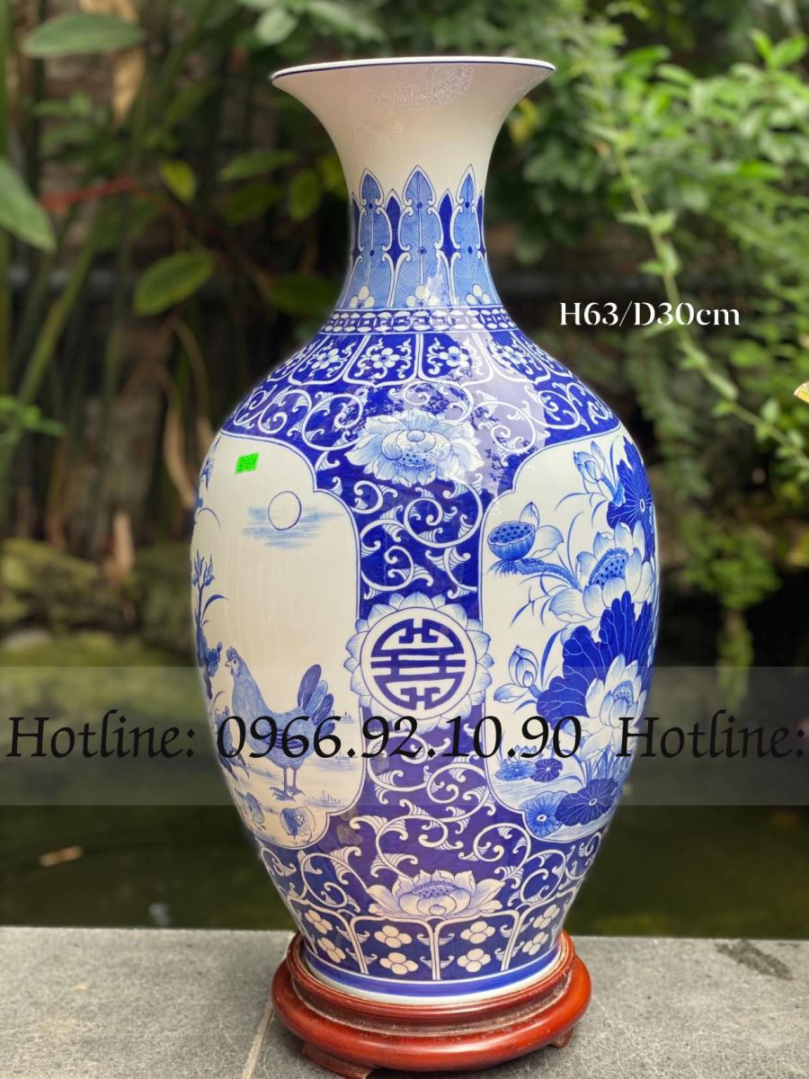 Bình gốm men lam cổ đặc biệt cao 63cm đẹp Bát Tràng