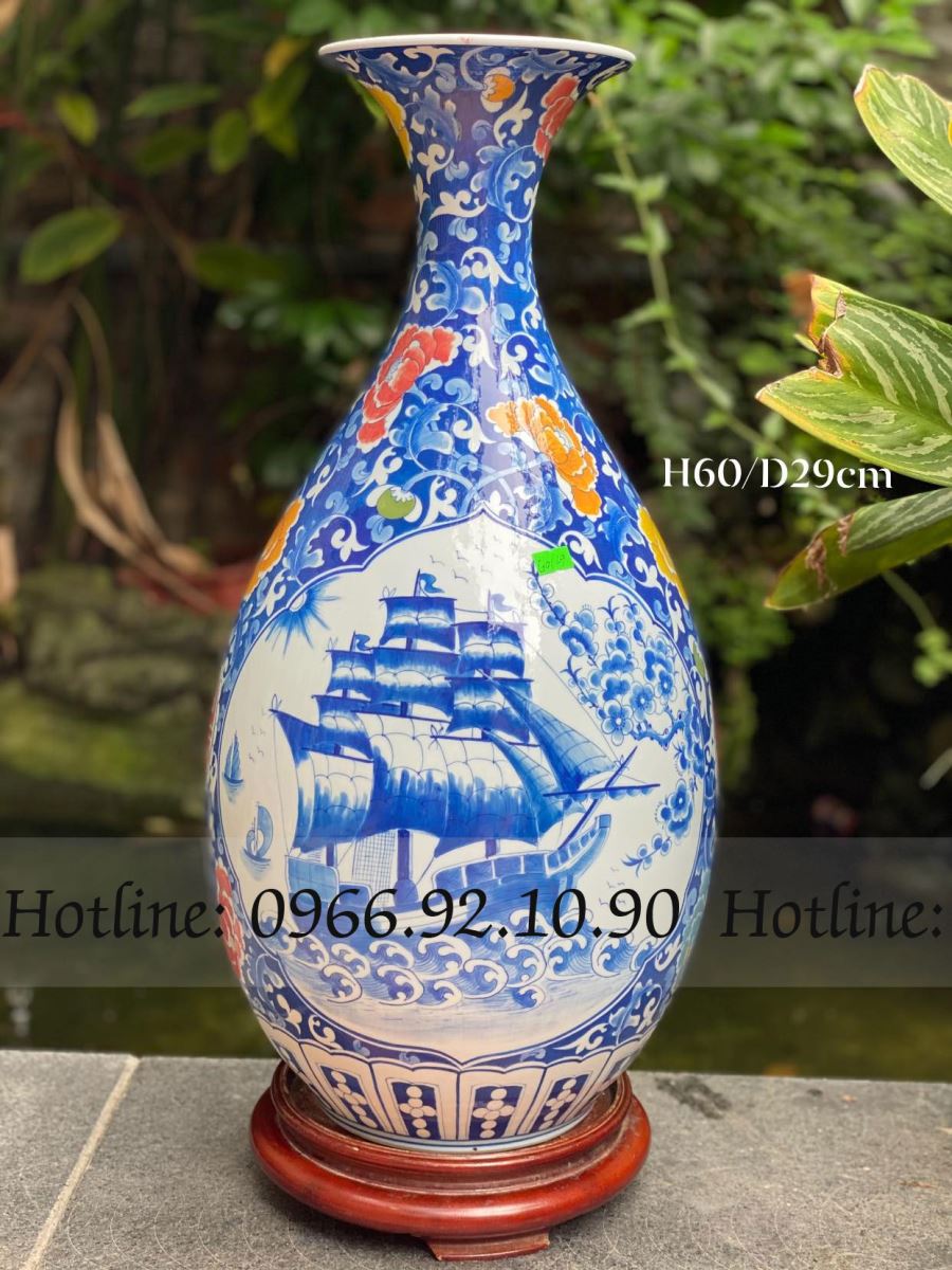 Tỳ bà Thuận Buồm Xuôi Gió men lam cổ Bát Tràng cao 60cm trang trí