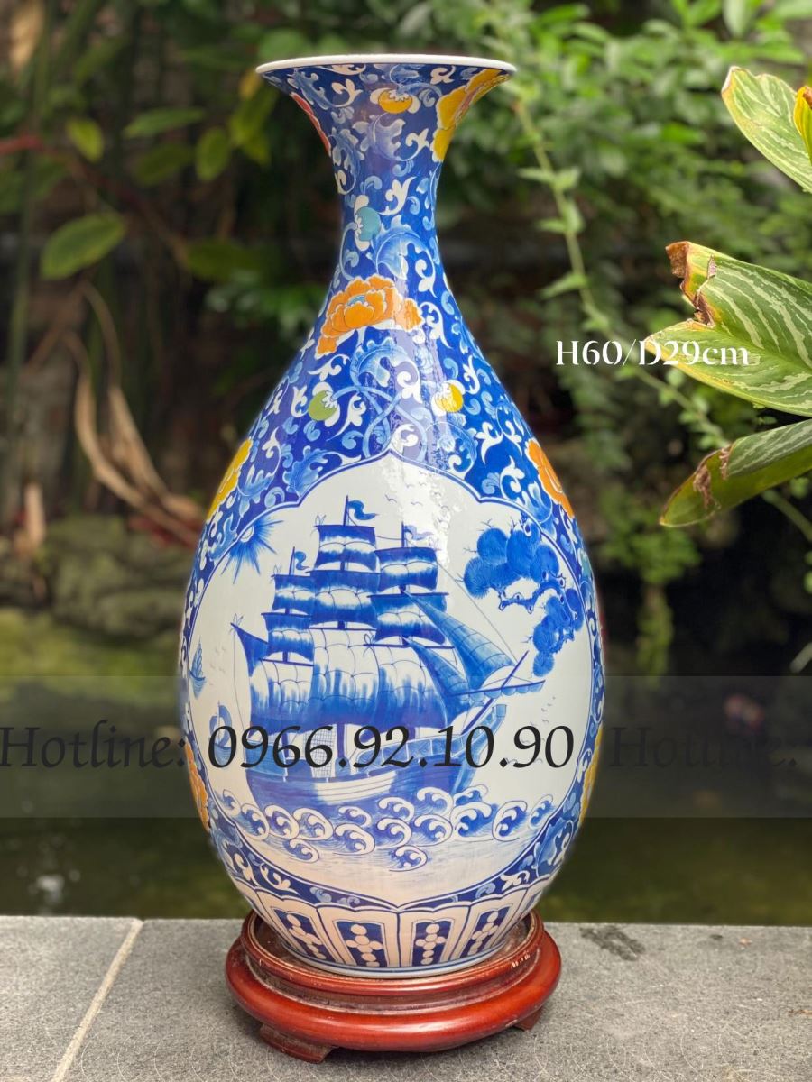 Tỳ bà Thuận Buồm Xuôi Gió men lam cổ Bát Tràng cao 60cm trang trí