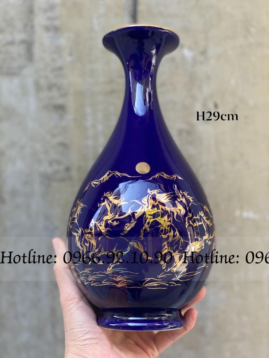 Lọ tỳ bà Mã Đáo Thành Công Bát Tràng cao 29cm, men vàng kim