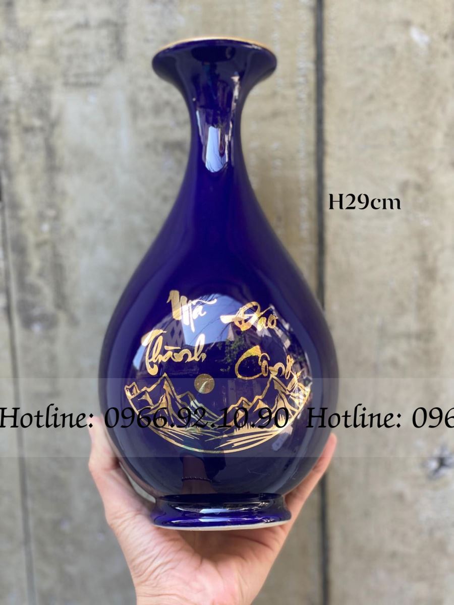 Lọ tỳ bà Mã Đáo Thành Công Bát Tràng cao 29cm, men vàng kim