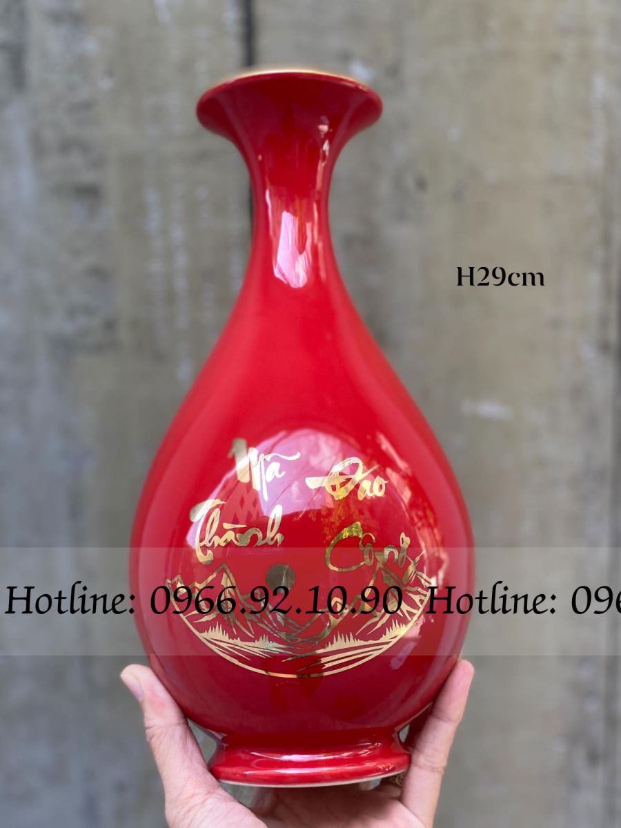 Lọ tỳ bà Mã Đáo Thành Công Bát Tràng cao 29cm, men vàng kim