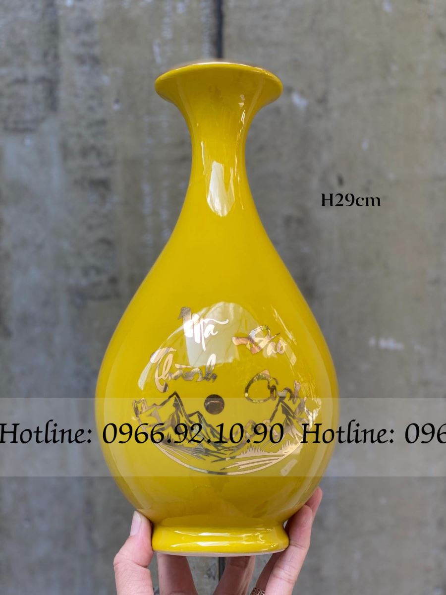 Lọ tỳ bà Mã Đáo Thành Công Bát Tràng cao 29cm, men vàng kim