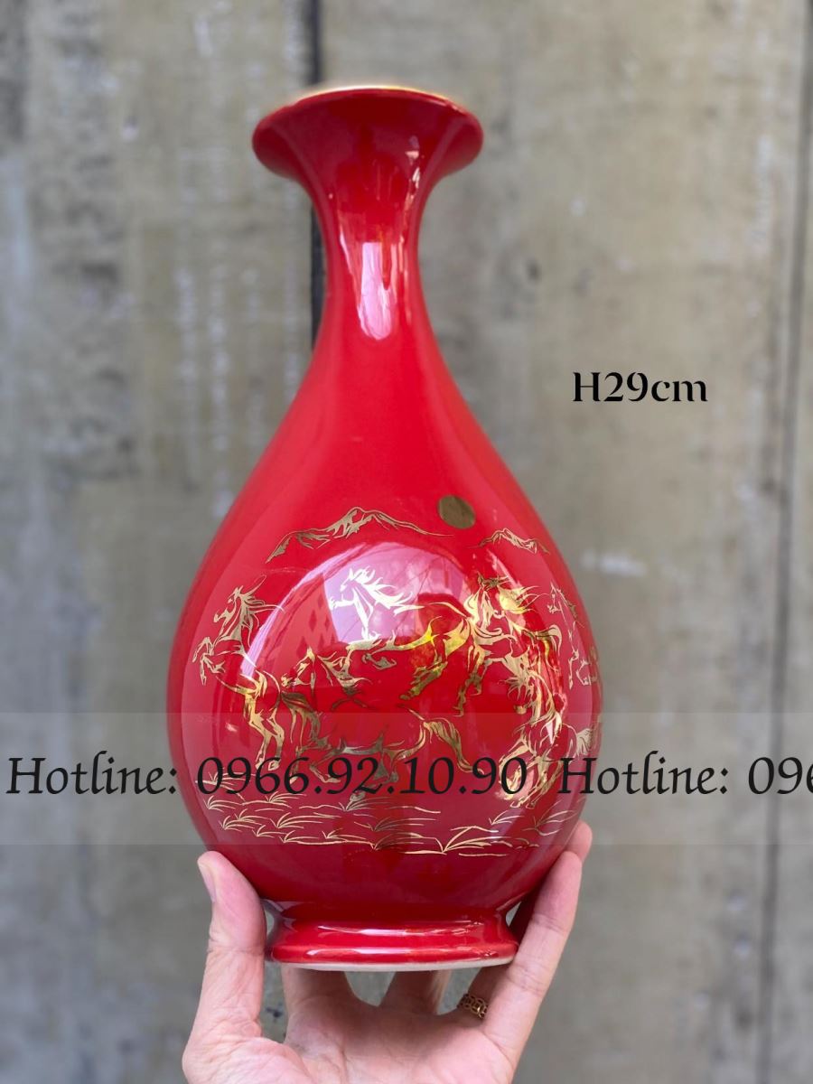 Lọ tỳ bà Mã Đáo Thành Công Bát Tràng cao 29cm, men vàng kim 