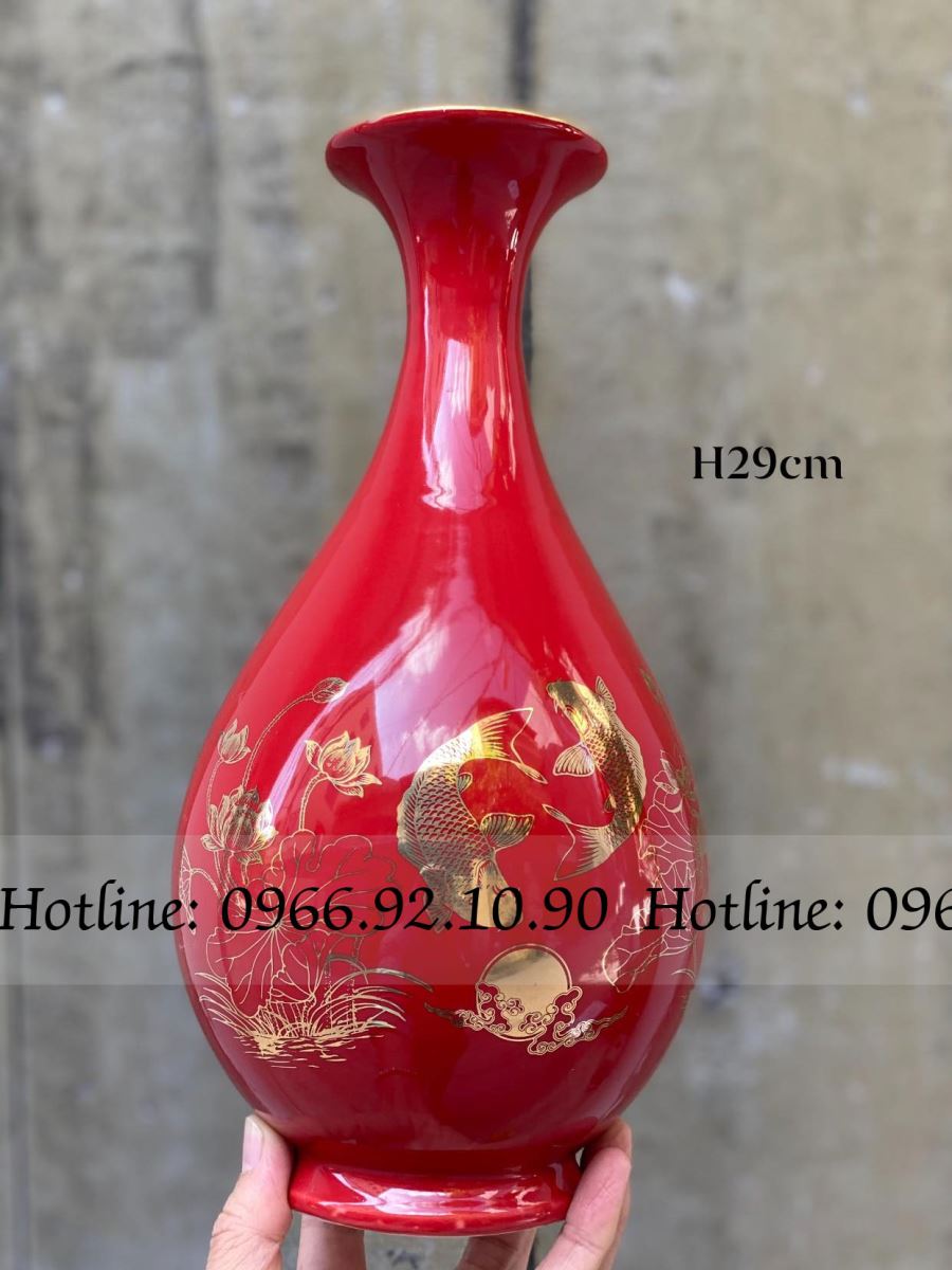 Lọ tỳ bà Sen Cá Bát Tràng H29cm đa sắc họa tiết vàng Kim