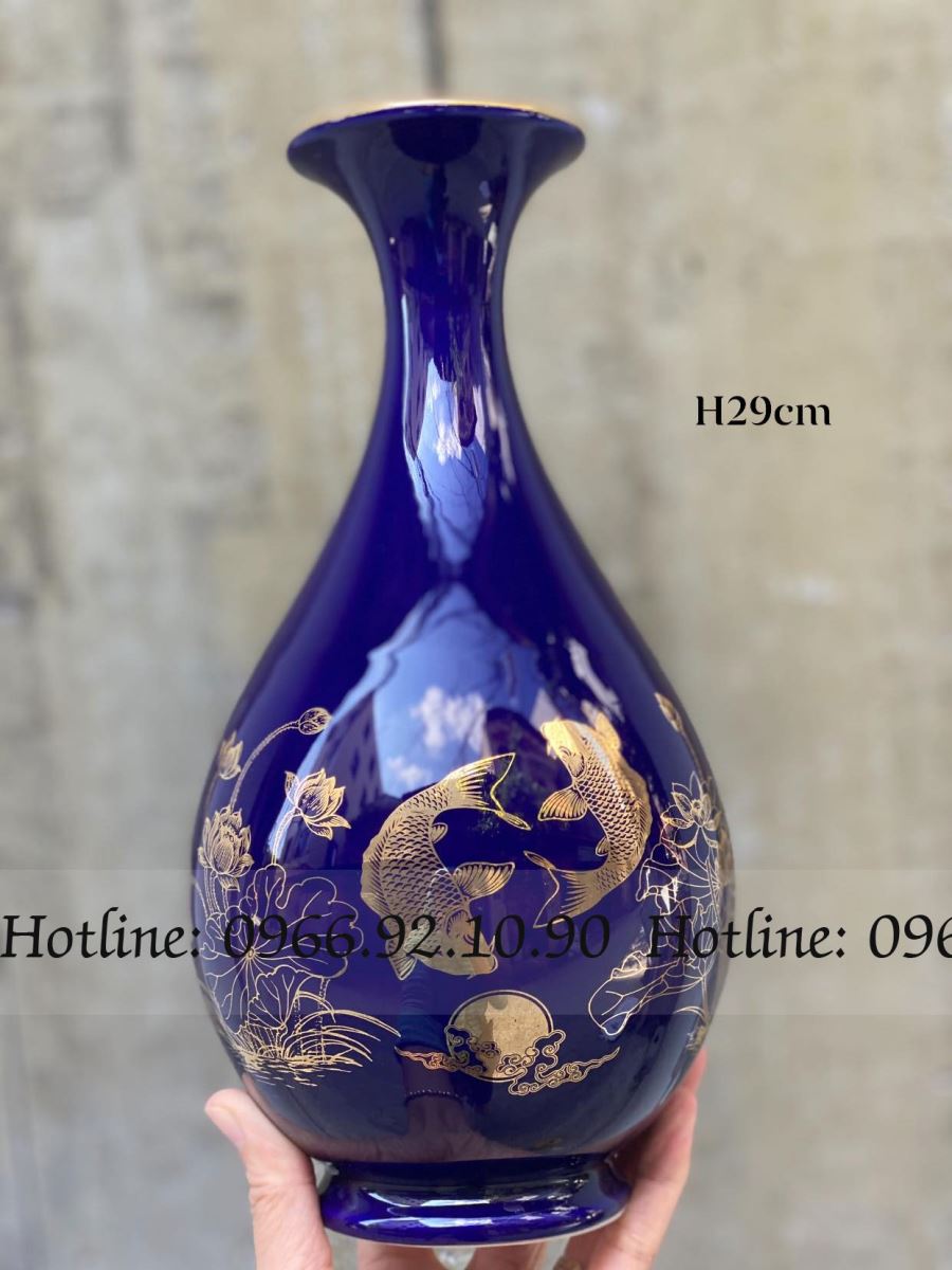 Lọ tỳ bà Sen Cá Bát Tràng H29cm đa sắc họa tiết vàng Kim