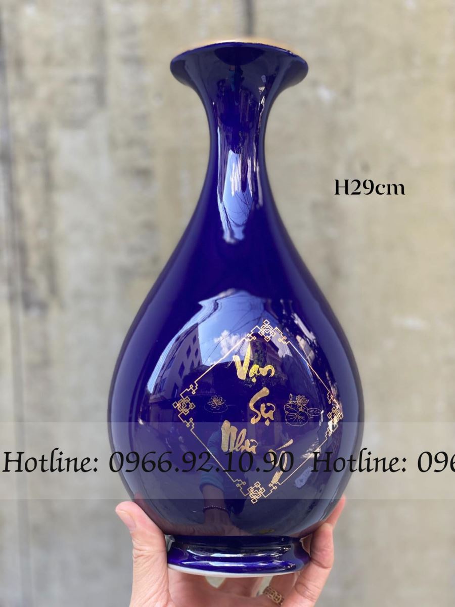 Lọ tỳ bà Sen Cá Bát Tràng H29cm đa sắc họa tiết vàng Kim