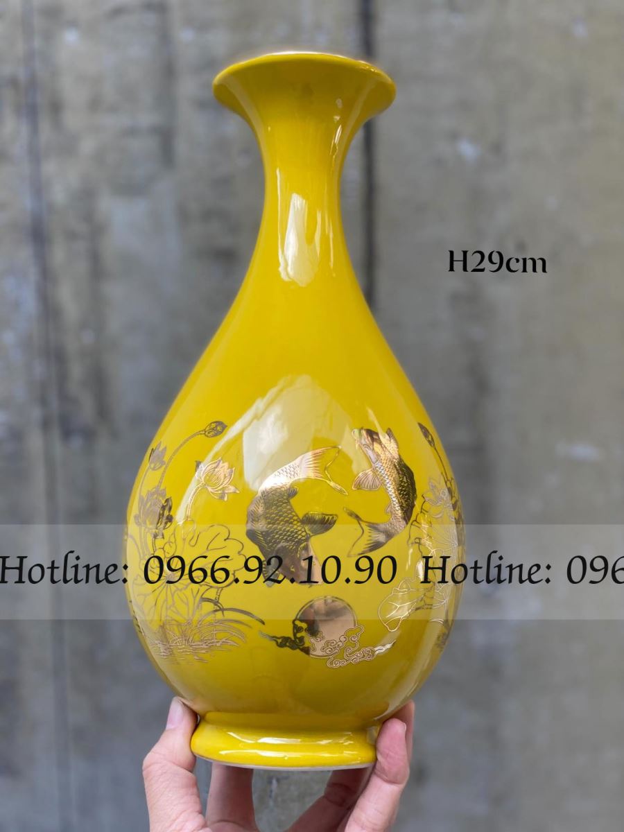 Lọ tỳ bà Sen Cá Bát Tràng H29cm đa sắc họa tiết vàng Kim