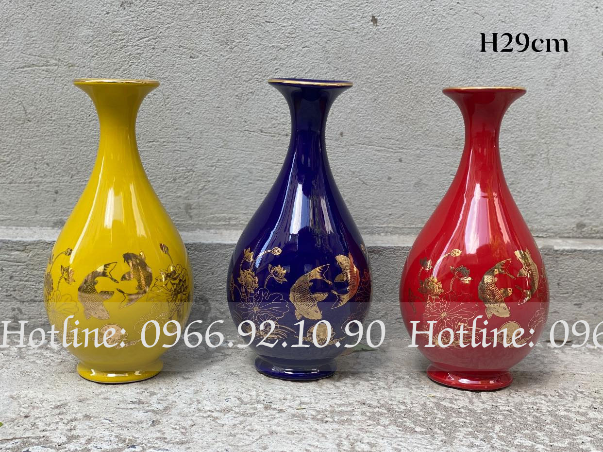 Lọ tỳ bà Sen Cá Bát Tràng H29cm đa sắc họa tiết vàng Kim