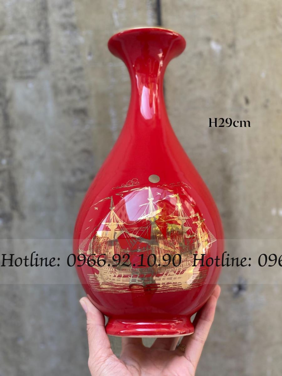 Lọ tỳ bà Sen Cá Bát Tràng H29cm đa sắc họa tiết vàng Kim 