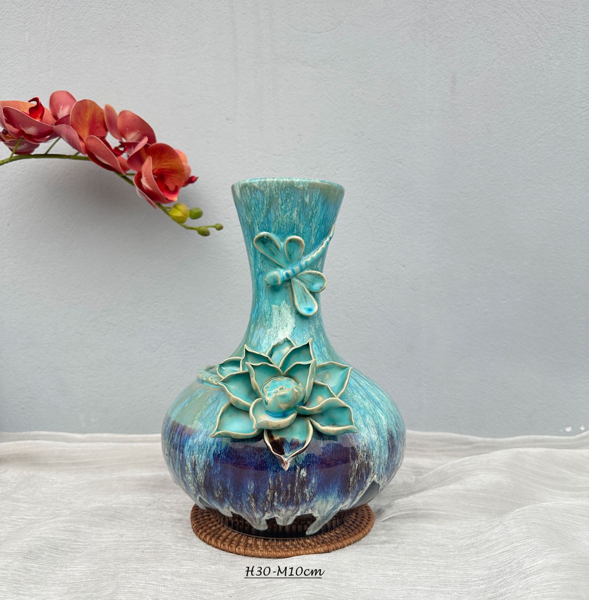 Tỏi đắp nổi hoa sen xanh Bát Tràng cao cấp Men hỏa biến 30cm quà tặng gốm sứ 