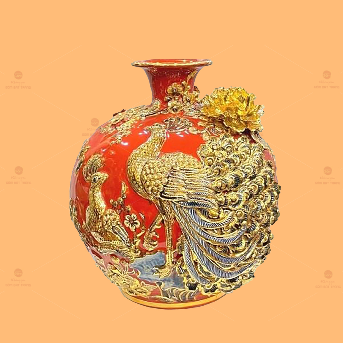 Quả Hút Lộc Men Đỏ Vẽ Vàng Đắp Nổi Sang Trọng Phong Thủy 