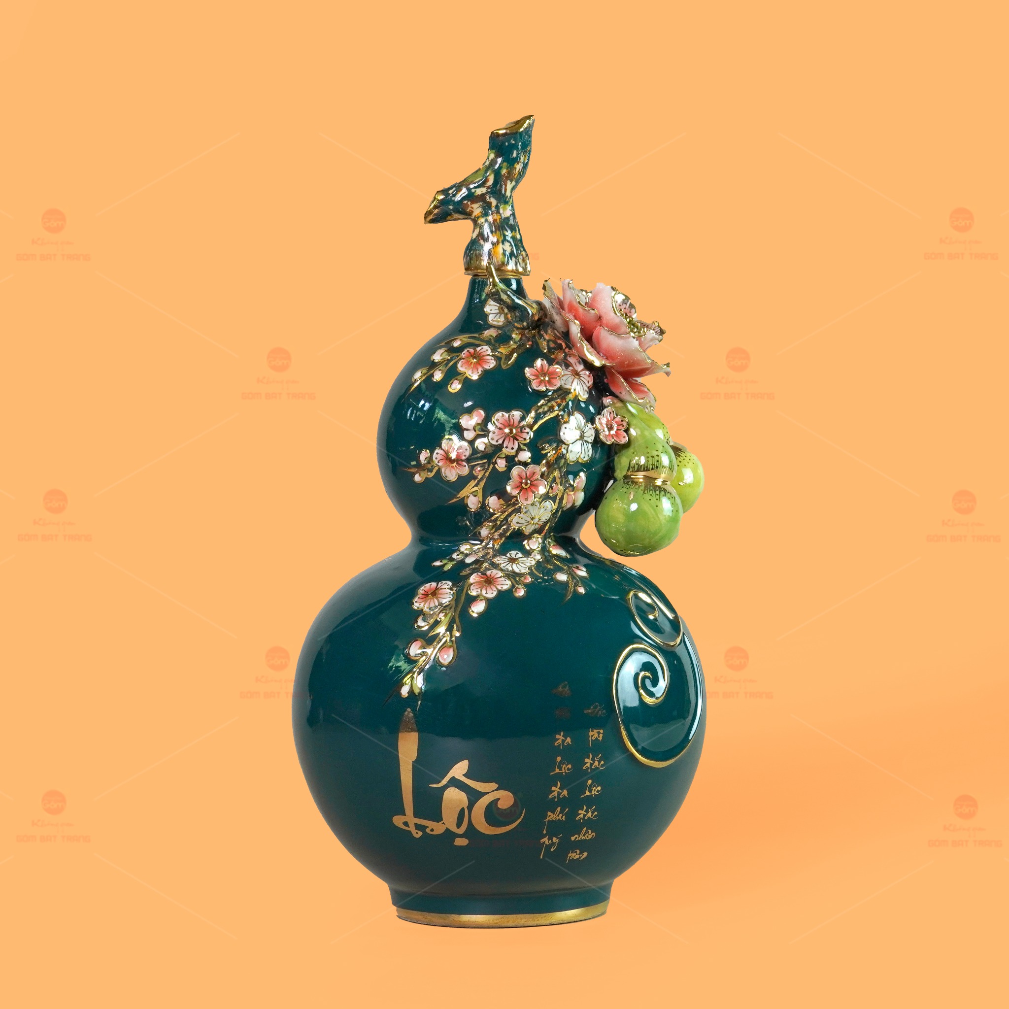 Bình Hồ Lô Tài Lộc Men Xanh Lục Vẽ Vàng Quà Tặng Ý Nghĩa 