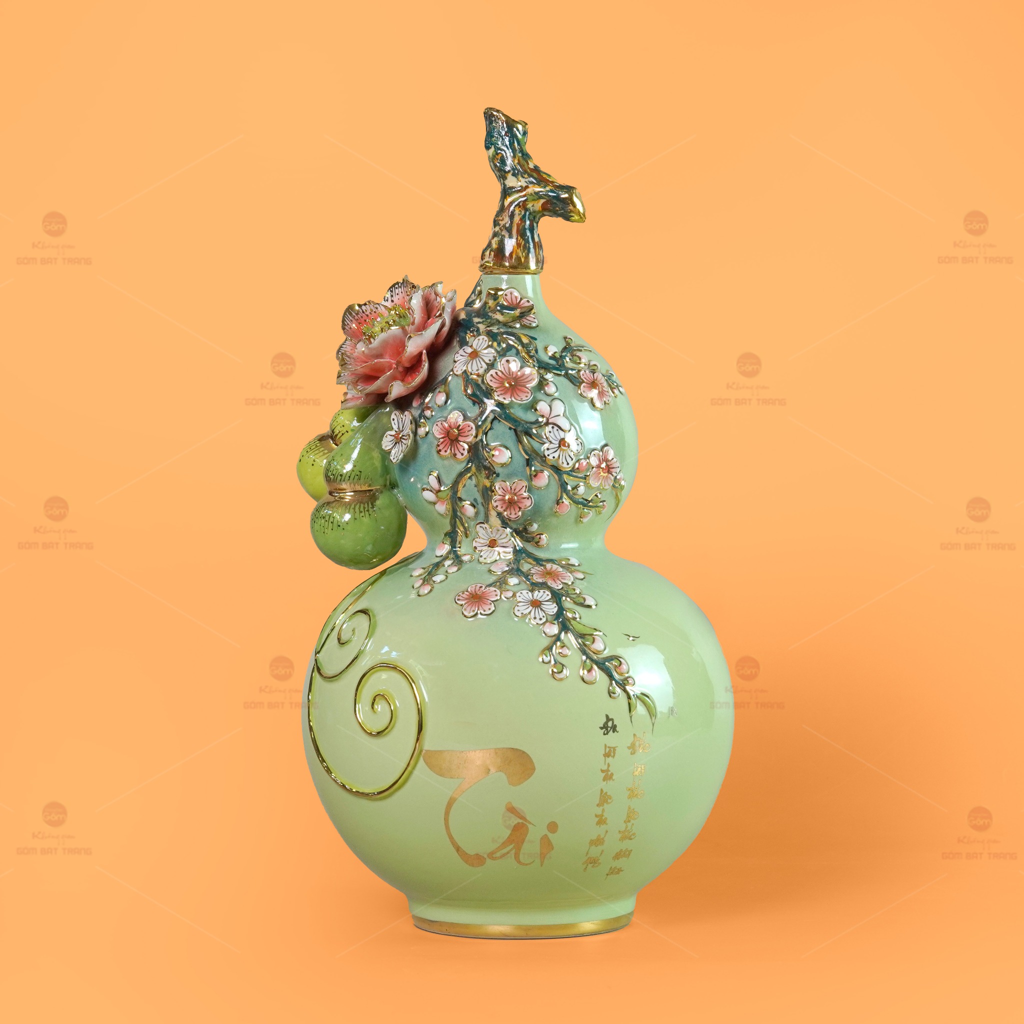 Bình Hồ Lô Xanh Cốm Vẽ Vàng Tài Lộc Quà Tặng Gốm Sứ Bát Tràng 