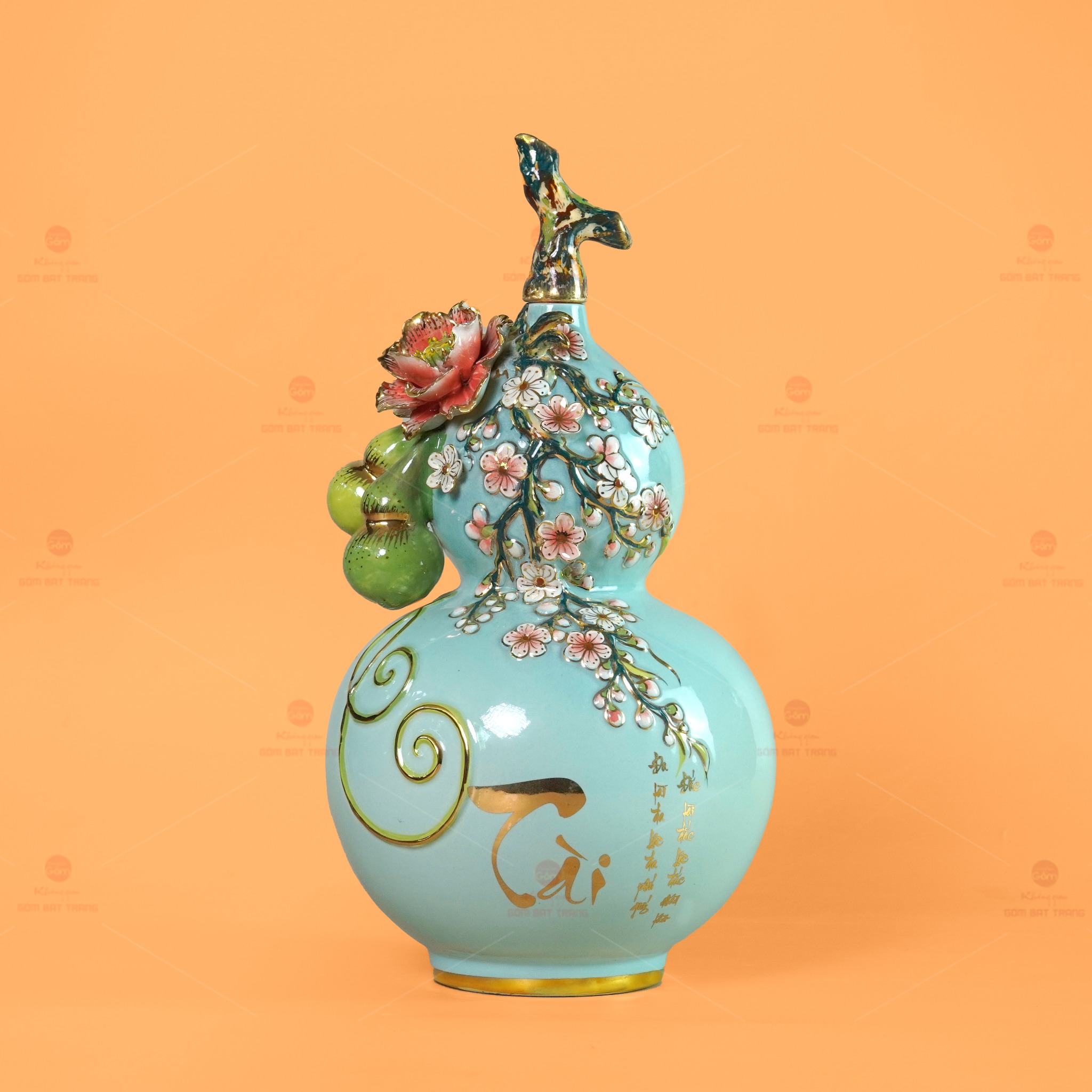 Bình Hồ Lô Xanh Biển Vẽ Vàng Tài Lộc Quà Tặng Phong Thủy 