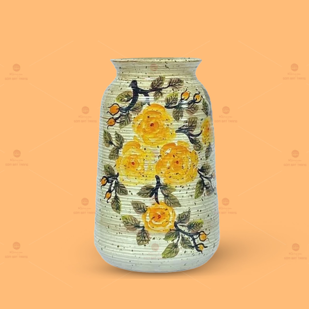 Lọ hoa gốm sứ Bát Tràng hoa hồng vàng vẽ tay sang trọng 