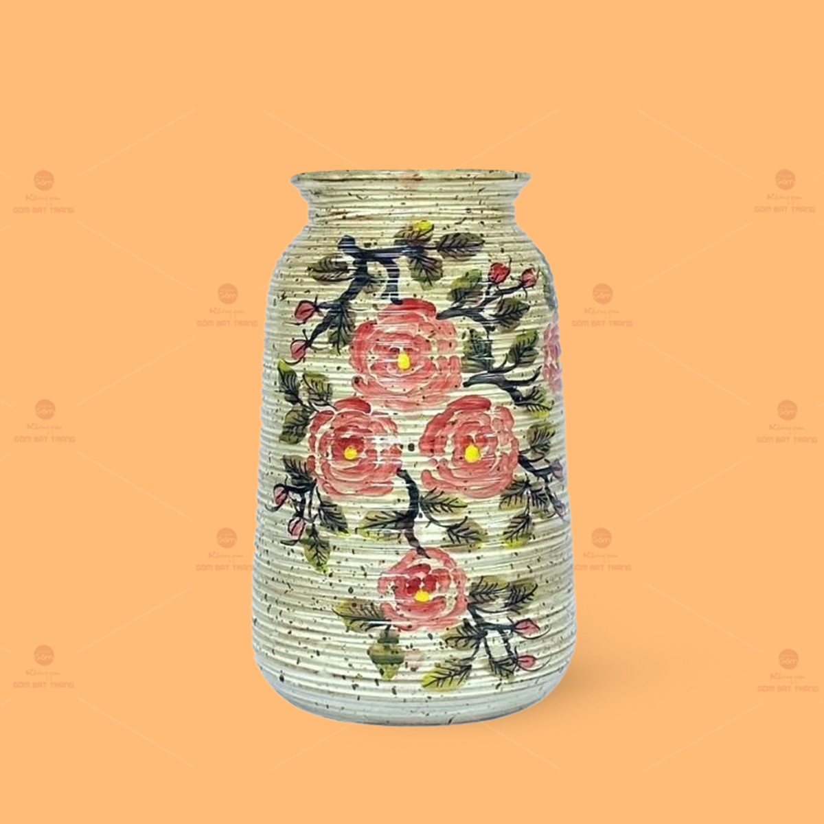 Lọ hoa dáng trụ vẽ tay hoa hồng quà tặng độc đáo Bát Tràng 