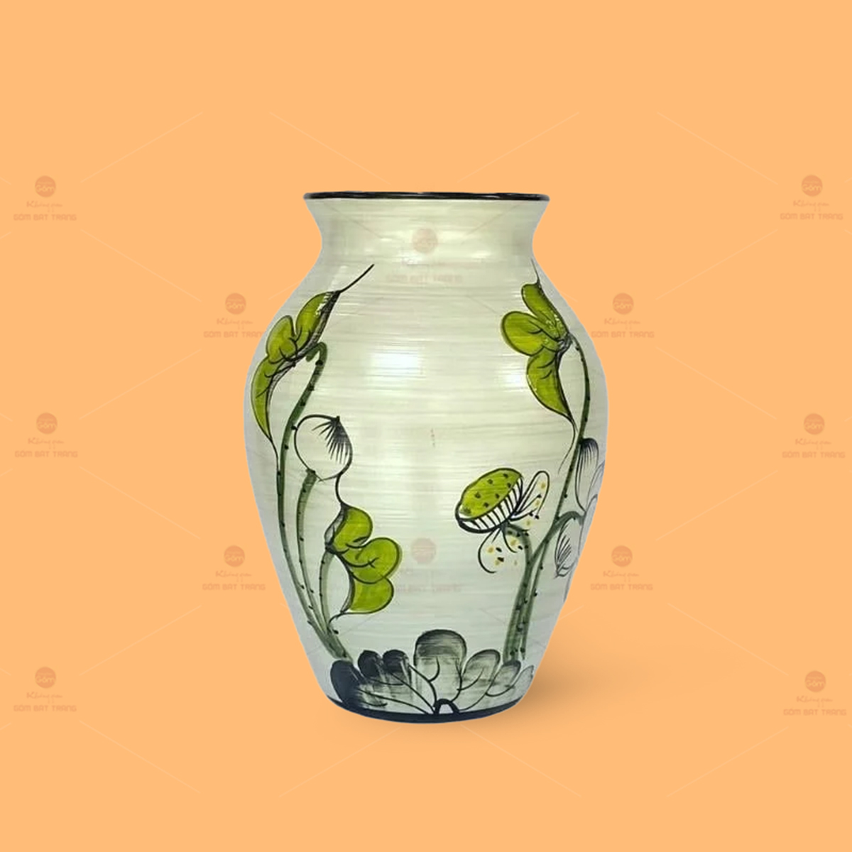Lọ hoa gốm sứ họa tiết lá sen vẽ tay cao cấp trang trí đẹp 