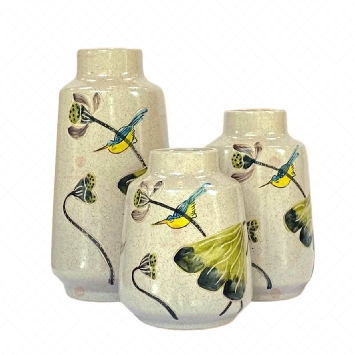 Bộ 3 lọ hoa gốm sứ mini chim lá sen Quà tặng độc đáo trang trí nhà 