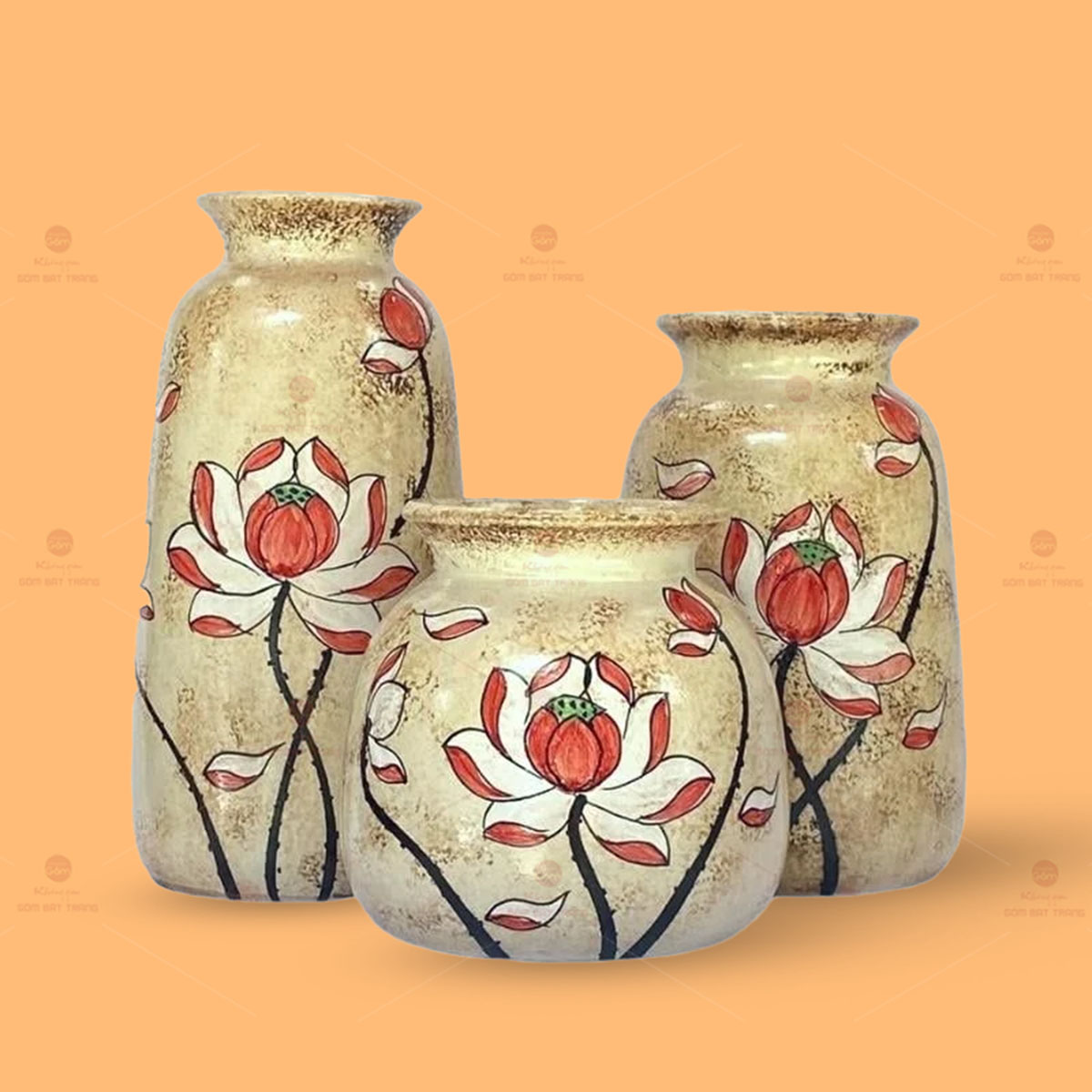 Bộ 3 lọ hoa sen đỏ mini gốm Bát Tràng trang trí độc đáo giá tốt 