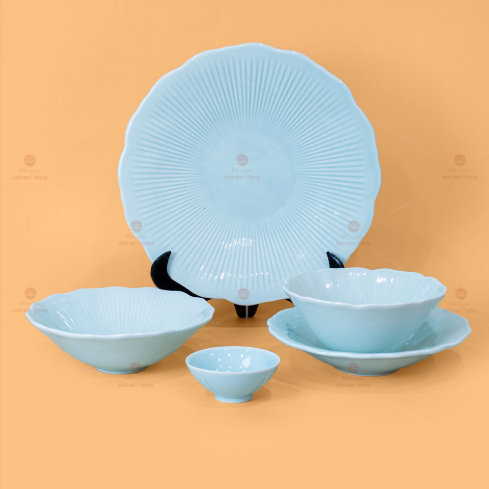Bộ Bát Đĩa Men Xanh Ngọc Vân Sen Gốm Sứ Cao Cấp Tinh Tế 