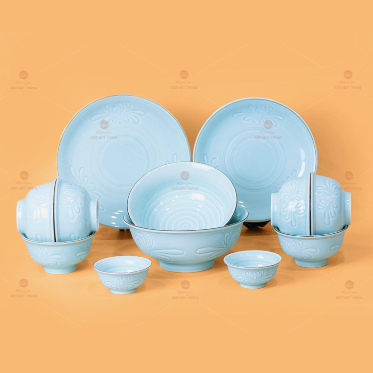 Bộ Bát Đĩa Men Xanh Ngọc Hoa Cúc Kẻ Nâu Gốm Sứ Cao Cấp 