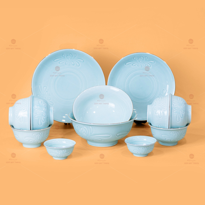 Bộ Bát Đĩa Men Xanh Ngọc Hoa Cúc Vàng Sang Trọng Tặng Quà 