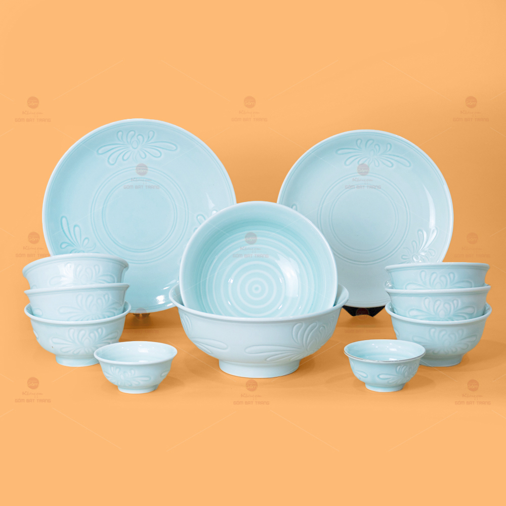 Bộ Bát Đĩa Gốm Sứ Men Xanh Ngọc Hoa Cúc Sang Trọng Tiện Lợi 