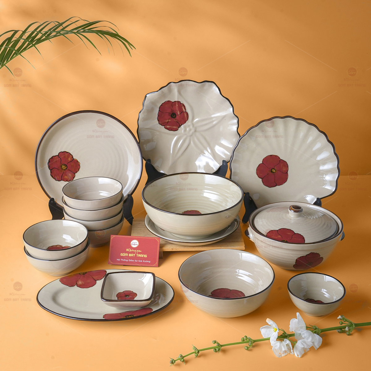 Bộ Bát Đĩa Bát Tràng Hoa Sứ Đỏ chất lượng cao dùng bàn thờ quà tặng 