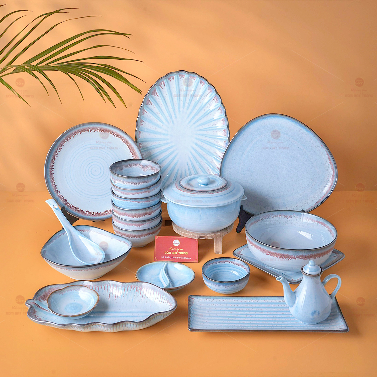 Bộ Bát Đĩa Bát Tràng Men Xanh Kim Sa Sứ Cao Cấp Sang Trọng 