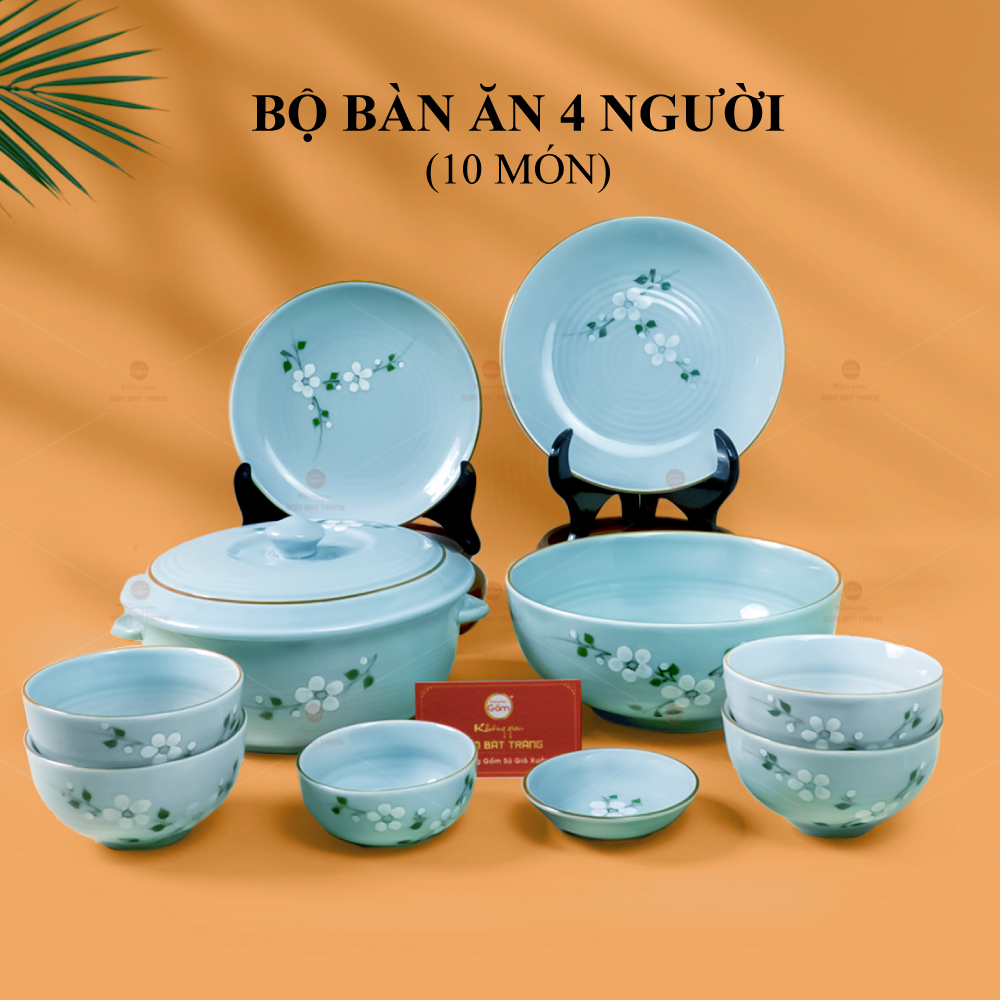 Bộ Bàn Ăn 4 Người 10 Món Men Ngọc Hoa Đào Trắng Sứ Cao Cấp Bát Tràng 