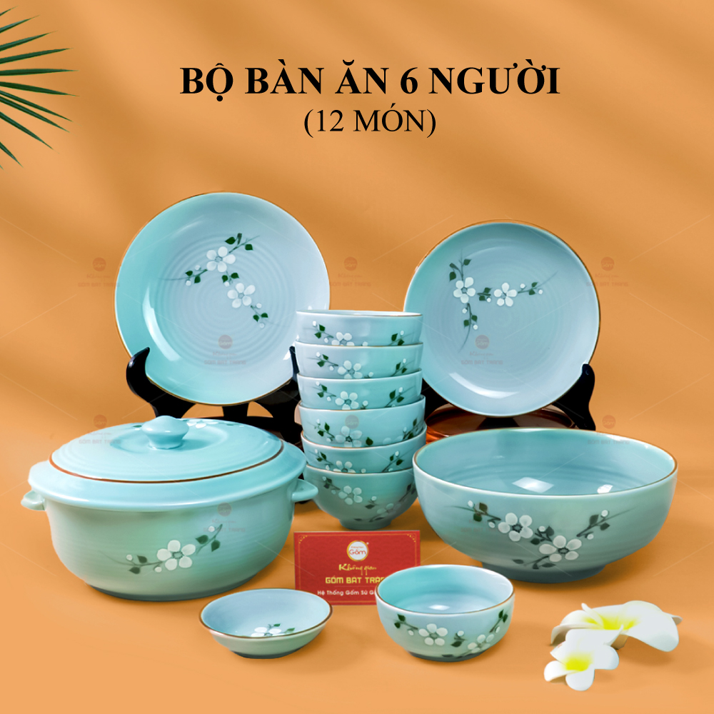 Bộ Bàn Ăn 6 Người Men Ngọc Hoa Đào Trắng 12 Món Cao Cấp Sang Trọng 